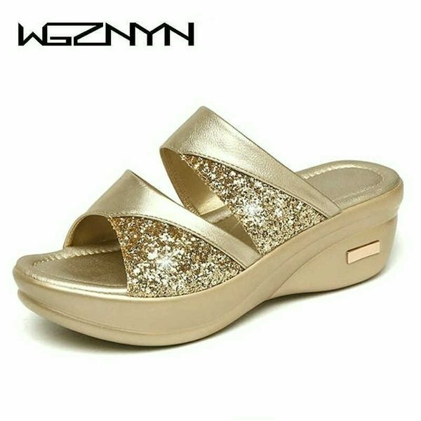 

sequins mid-heeled slippers new mother shoes woman leather sandals women soft bottom slippers female summer outdoor shoes w305 y200423, Black