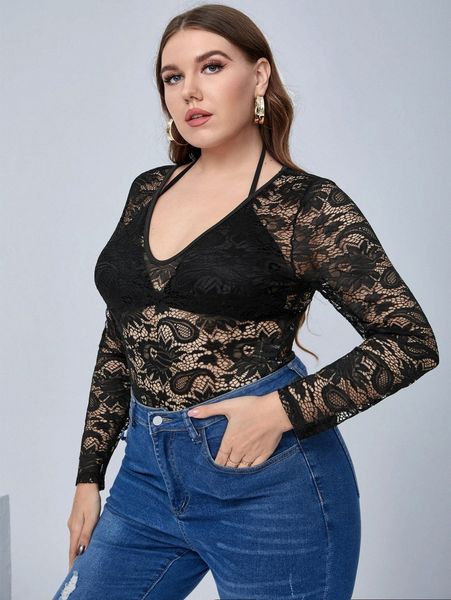 

plus paisley & floral lace bodysuit without lingerie 11hz#, Black