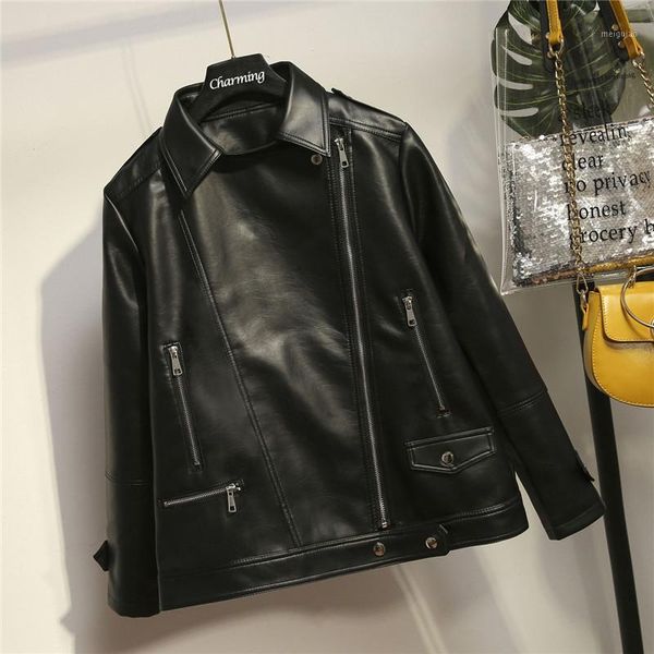 

biker jacket women autumn new fashion solid color temperament lapel leather jacket short coat  casual1, Black