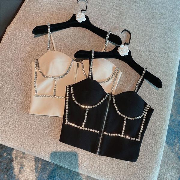 

2020 autumn and winter new industry rhinestone skinny slimming short vest for women night club camisole tanks, White