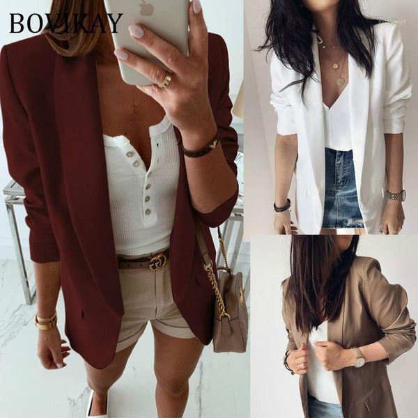 

bovikay autumn 2020 womens long sleeve solid color blazer casual fashion coat double pocket female suit loose ladies long jacket1, White;black