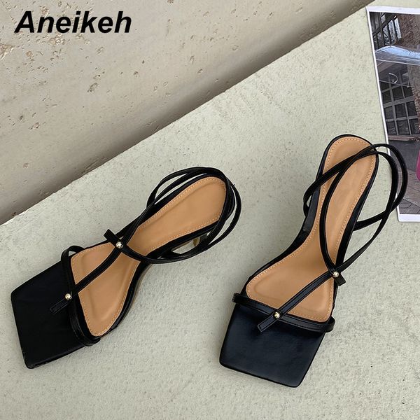 Aneikeh Damen-Sandalen, modisch, Freizeit, dünne Absätze, Kreuz-Gebunden, quadratische Zehen, elegante Party, schmales Band, bedruckt, karierte Schuhe, 2021 Sommer, C0129