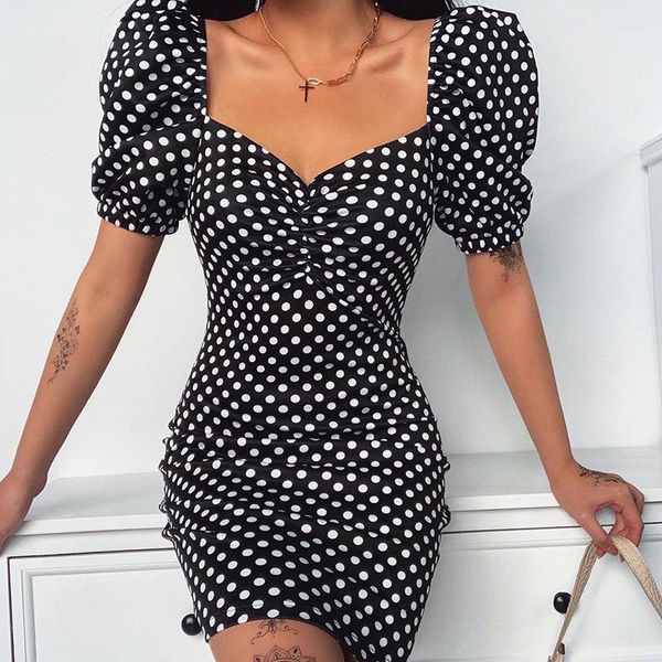 

2020 women short sleeve strap dress clubwear summer print bodycon slim party mini dresses polka dot vestidos1, Black;gray