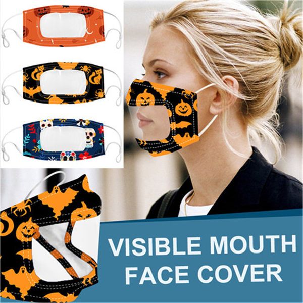

factory reusable visible lip language pumpkin halloween face mask with clear window pet anti-dust washable mouth masks c
