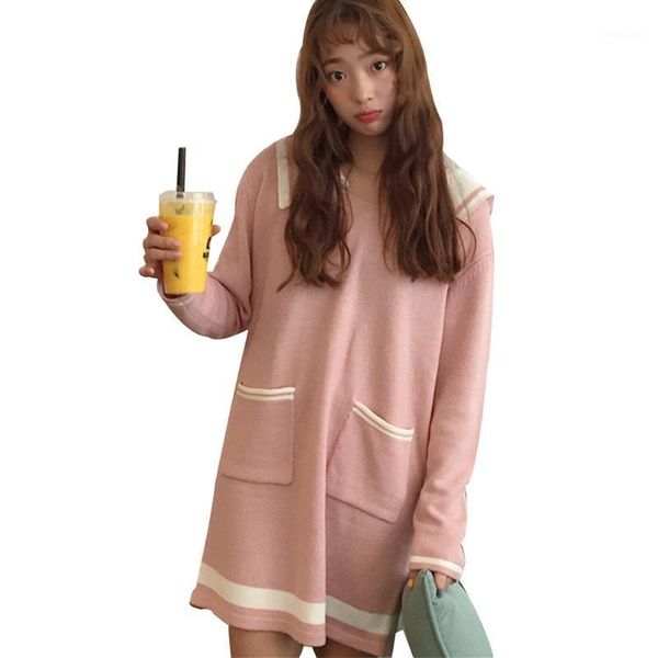

autumn soft winter turn down collar knitting mini loose striped sweet with pocket women dress1, White;black