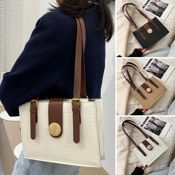 

women retro solid color pu leather handbags tote bags casual stone pattern shoulder bag 25*46*6.5cm