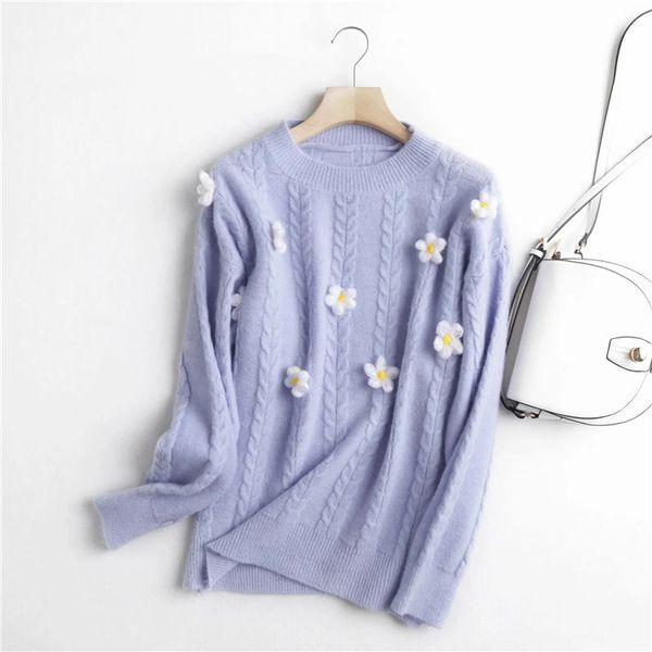 

superaen new sweet lovely appliques flower decorative knitted twist loose o neck woman sweaters autumn and winter 2020 h1211, White;black