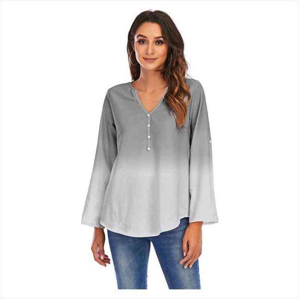 

s-5xl oversized ladies casual long sleeve v-neck button loose plus size shirts spring gradient print women blouses, White