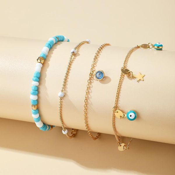 

huatang boho blue beaded crystal pendant bracelet set for women multilayer evil eye star charms female cuff adjustable jewelry, Golden;silver