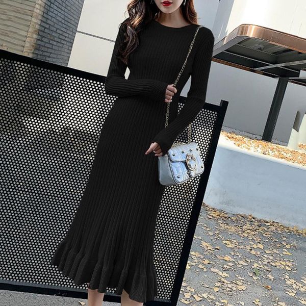 

women fashion pleated knitted dress autumn winter elegant sweater dresses black long sleeve midi vestido 2021 new pullovers, Black;gray