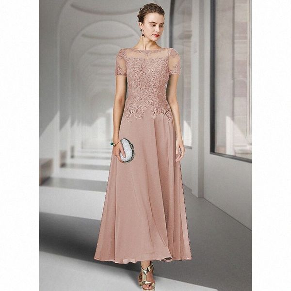 

a-line mother of the bride dress elegant jewel neck ankle length chiffon lace short sleeve with pleats appliques 2022 65rb#, White;black