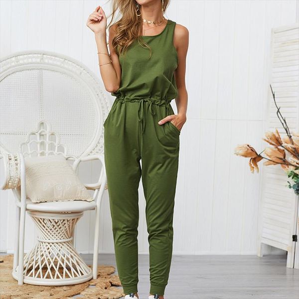 

2020 summer jumpsuit women solid sleeveless slim rompers body suit pocket casual sport long jumpsuits ladies black women clothes, Black;white