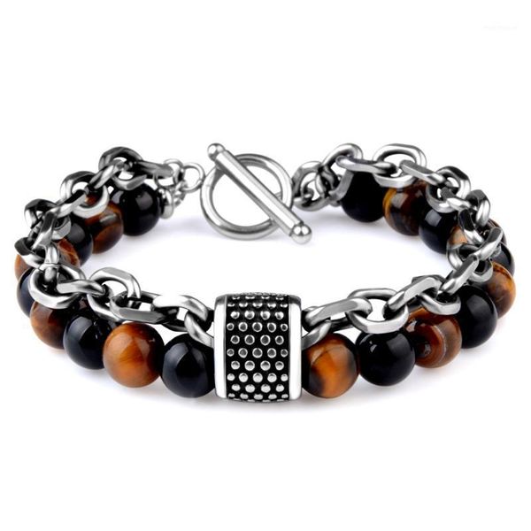 

beaded, strands beaded natural stone bracelet stainless steel chain ot clasp bangle for men jewelry1, Black