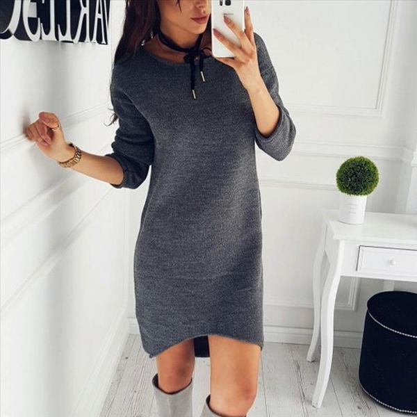 

autumn winter new style fashion women solid o neck sweater long shirt casual long sleeve pullove dress robe femme, Black;gray