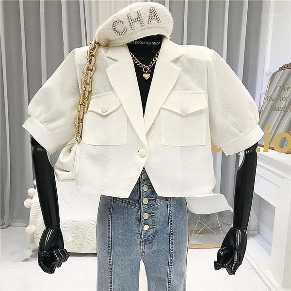 

2020 summer new minimalist v-neck wavy edge design with two buckles jacket short sleeve loose casual trend coat femininoqt851, Black;brown