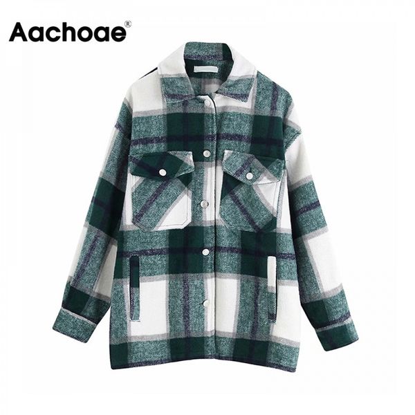 

aachoae women plaid jackets coat elegant ladies turn down collar wool blend coats long sleeve spring jackets female outwear 201023, Black;brown