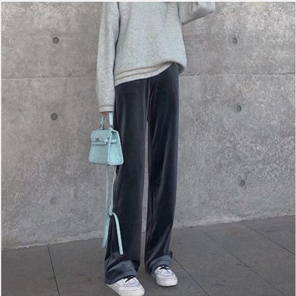 

spring and autumn wide leg pants women's winter new high waist drop gold velvet sports casual loose straight long pants, Black;white
