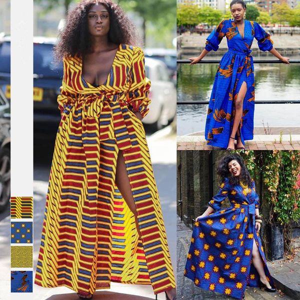 

african new style digital printing autumn women's fashion v-neck long-sleeved split dress african ethnic big swing dress, Black;gray