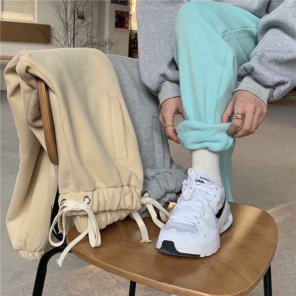 

2021 new women casual hoodies veet winter spring lady elastic waist thick pants clothing lace-up long trousers stf3, Black;white