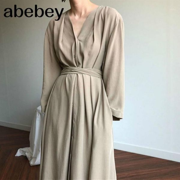 

new 2021 women autumn winter dresses lace up casual buttons fashionable v-neck vintage oversize long dress dr11501, Black;gray