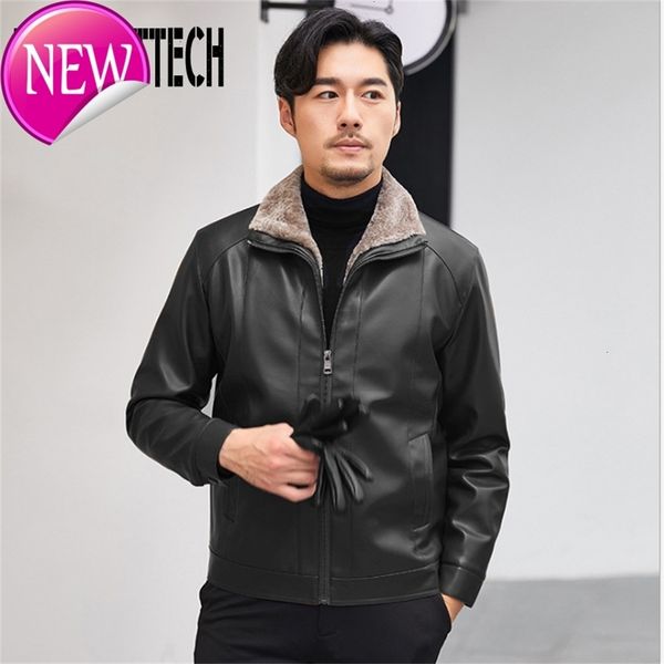 

mens pu leather jacket winter plus velvet thickening business slim men's jacket plus size 3xl 4xl lapel warm leather jacket coat, Black