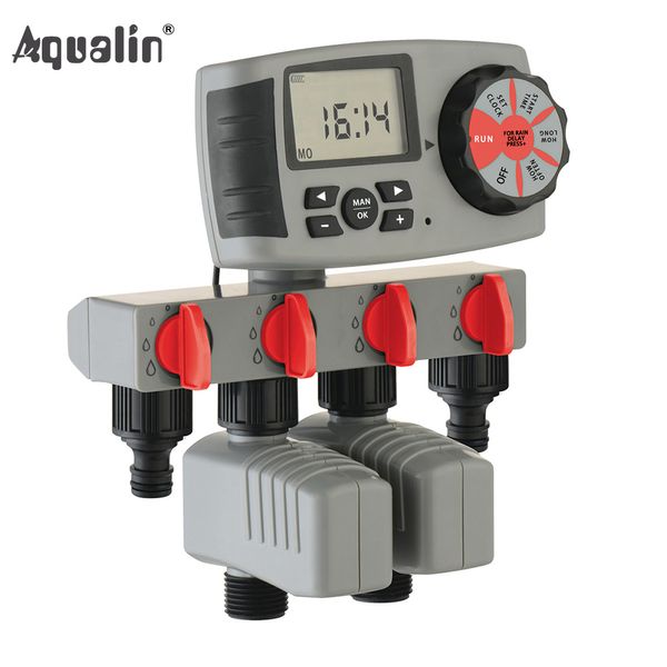Aqualin Automatisches 4-Zonen-Bewässerungssystem, Bewässerungstimer, Gartenwasser-Timer-Steuerungssystem mit 2 Magnetventilen #10204 Y200106