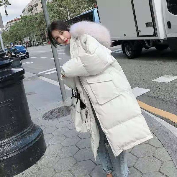 

women's medium and long bread jacket korean loose down cotton big hair collar parka coat, Black