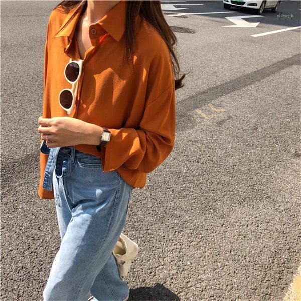 

korean chic loose pure color chiffon woman blouse shirt long sleeve casual shirts for autumn spring new1, White