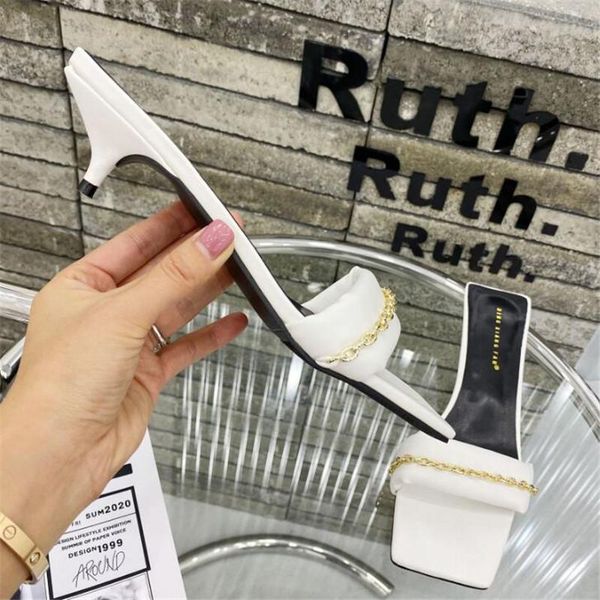 

2021 new design metal chain decoration women high heels slippers summer outdoor beach casual slip on mules slides shoes, Black