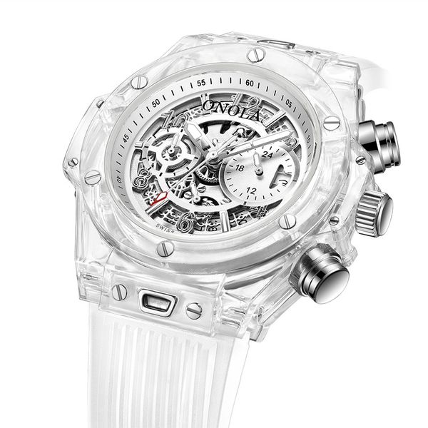 

cross-border fashion plastic transparent case design sports multi-functional mens watch mens pe90 quartz movement wristwatches, Slivery;brown