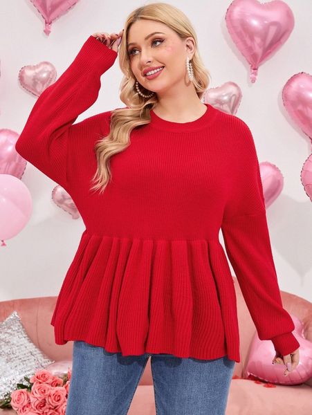 

plus drop shoulder peplum hem sweater t7cq#, Black