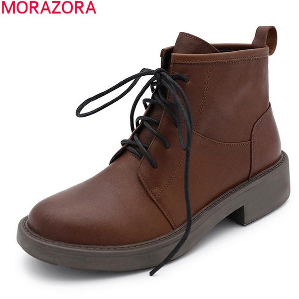 

morazora 2020 big size 34-42 fashion ankle boots genuine leather boots low heel round toe lace up autumn winter women, Black