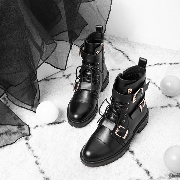 

boots mljuese 2021 women soft ankle cow leather round toe winter short plush buckle strap high heels riding, Black