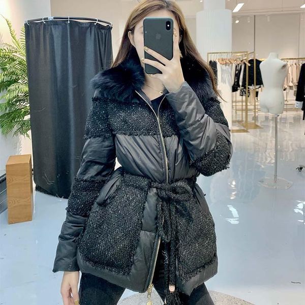 

mi2 white down jacket for women 2021 new winter fashion patchwork tweed small fragrance coat for women a1187, Black