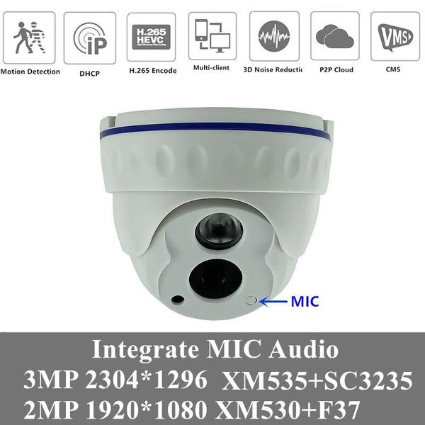 

4pcs 3mp 2mp integrate mic audio ip dome camera 2304*1296 h.265 xm535ai+sc3235 ir-cut onvif p2p cms motion detection p2p