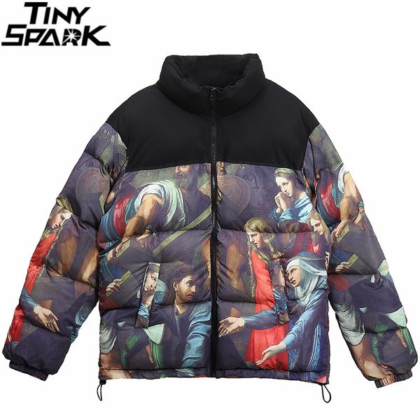 

men hip hop vintage retro parka jacket streetwear painting printed jacket harajuku cotton winter padded jacket coat warm outwear c1201, Black;brown