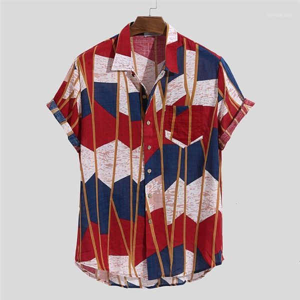 

men's casual shirts hawaiian print shirt 2021 men contrast color geometric button short sleeve loose streetwear oversize camisa masculi, White;black