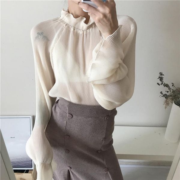 

fashion blouse 2021 spring newly stand collar women shirts puff sleeve patchwork pleated blusas 67036 drop shipping, White
