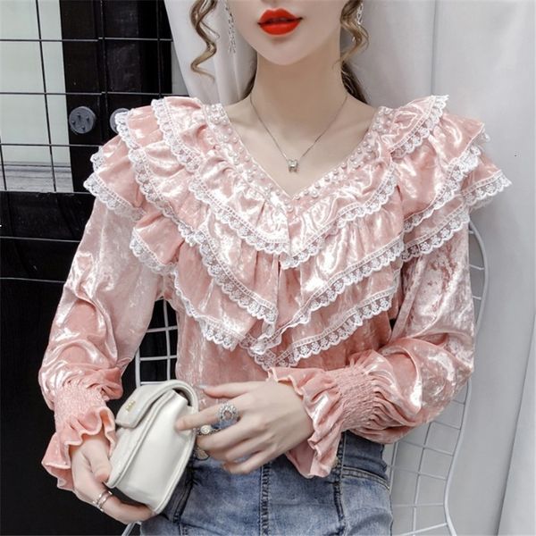 

rose for women fashionable autumn clothes ruffled pearls sweet beads long-sleeve shirts with low-necked lace blouse ysx5 39m1, White