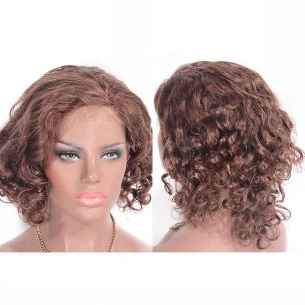 

lace front human hair wig 33# mongolian loose curly wig for black women 12 inches short hair wigs, Black;brown