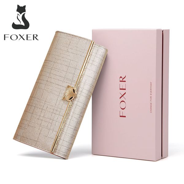 

foxer brand women's split leather long wallets lady luxury clutch bag coin purse female fashion credit card holder for women c1115, Red;black