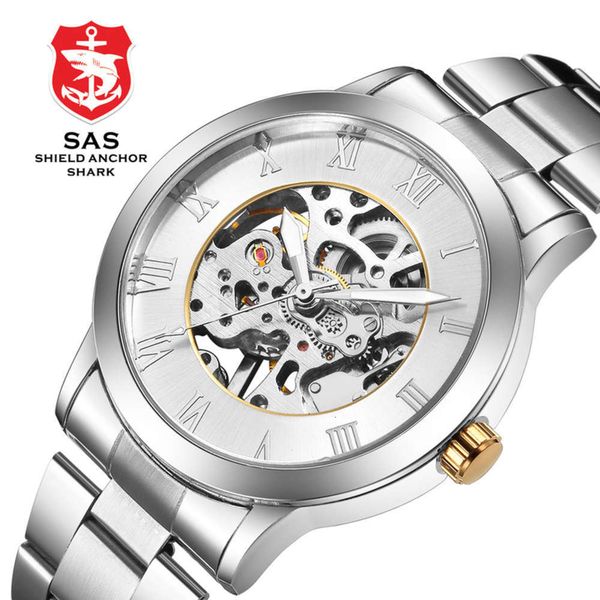 

belt business mechanical men's steel shark leisure hollow out gift watch oem, Slivery;brown