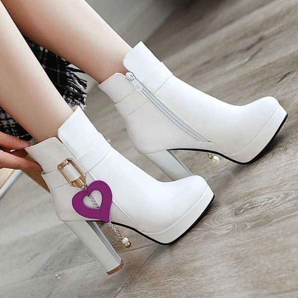 

boots ankle pu leather women high heels platform for round toe tessel autumn winter shoes, Black
