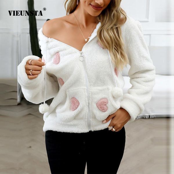 

women's hoodies & sweatshirts elegant fleece drawstring hooded sweatshirt fashion pockets heart printed zip-up autumn winter long slee, Black