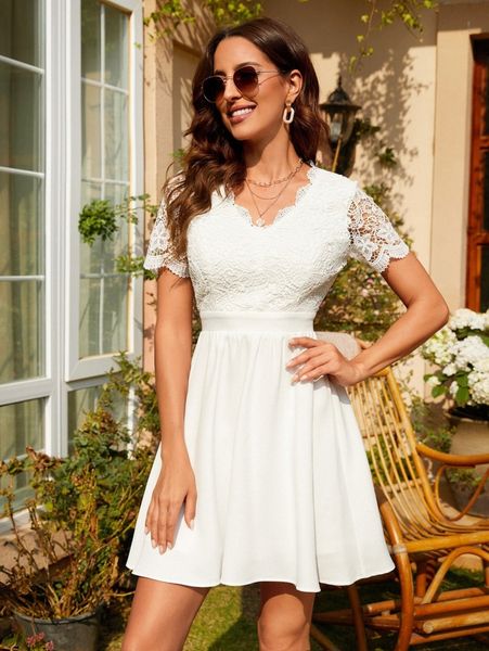 

lace bodice flare hem solid dress h1ln#, Black;gray