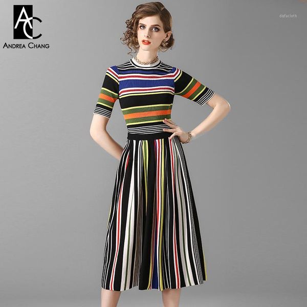 

spring autumn woman clothing set colorful strip pattern knitted t-shirt + calf length skirt ball gown fashion sweet knitted suit1, Gray