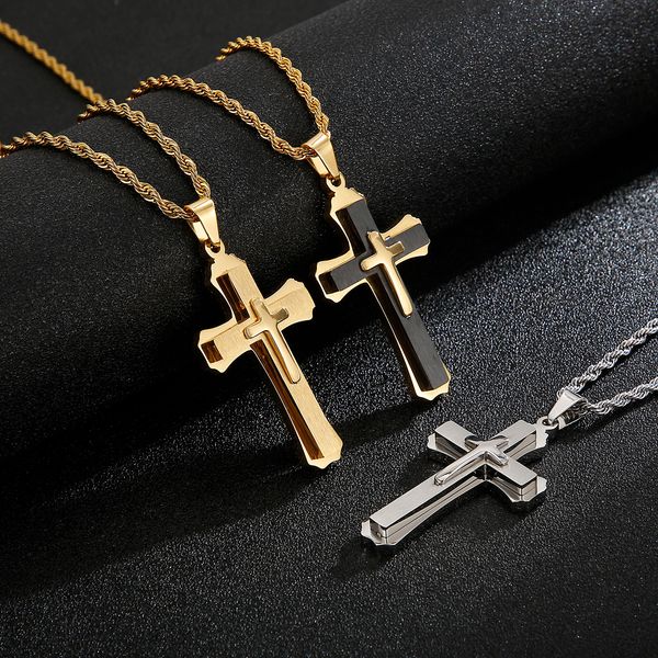 

european and american christianity classic creative 3 rows cross pendant 316l stainless steel men's fashion necklace 22 inch, Silver