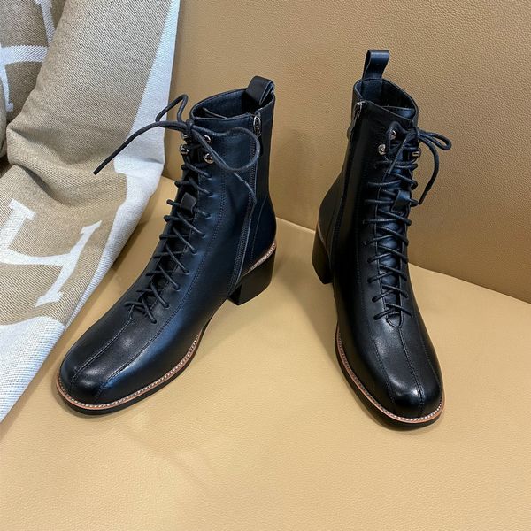 

2021 new lace up zipper ankle cow leather square heel short boots autumn winter casual round toe women shoes size 34-39 vhye, Black