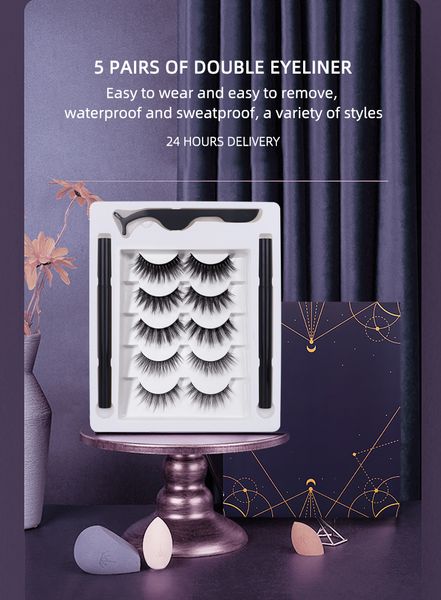 

5 pairs 3d none-magnetic eyelashes thick natural self-adhesive eyeliner & eyelashes set glue-fake lashes with tweezer dhl free