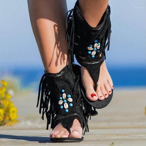 

women's sandals new bohemian fringed beaded toe flat bottom roman sandals vintage casual beach summer flip flop1, Black